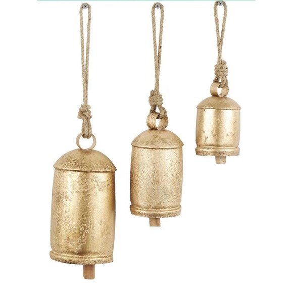 Gold Metal Tibetan Inspired Cow Bells Jute Hangers Set of 3 10",8",6"H NEW (B5) - Picture 1 of 9